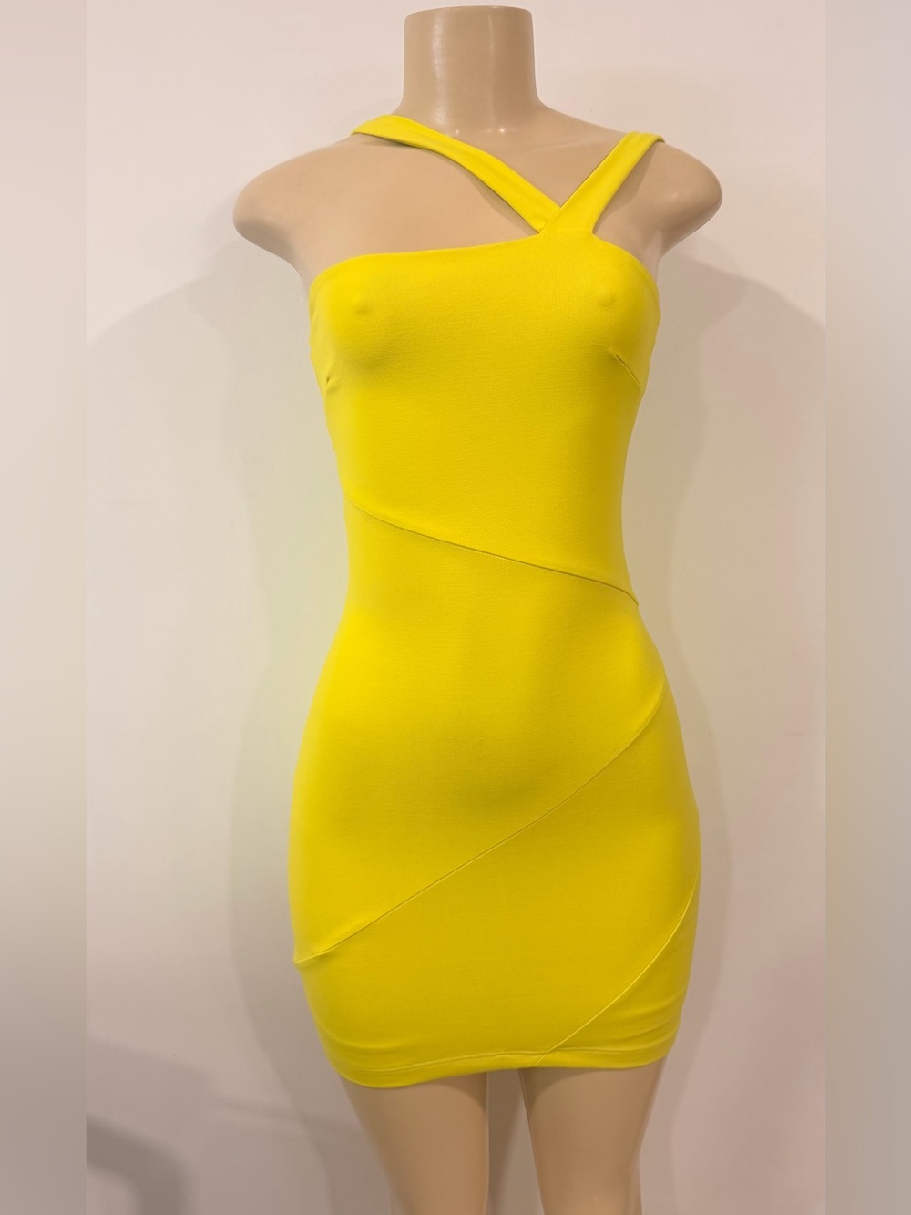 bebe Bright Yellow One-Shoulder Bodycon Dress Y2K